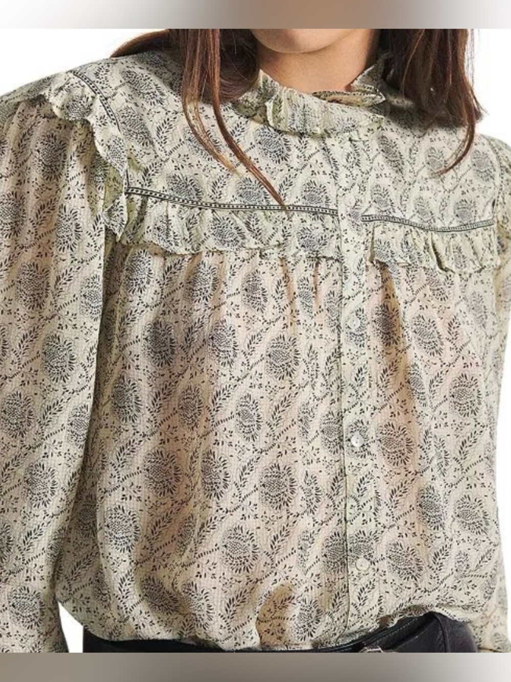 BA&SH Cream Floral Ruffle-Yoke Button Front Lady Shirt S